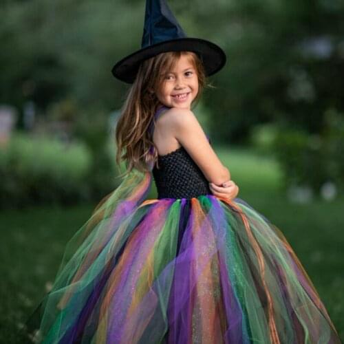 Witch Costume for Girls Black Purple Halloween Witch Mer Costume Maleficent Black Gown Tutu Dress Children Girls Party Dresses