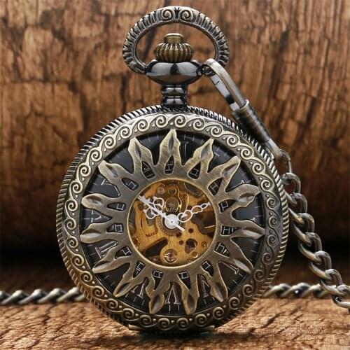 Hollow Sun Pattern Bronze/Gold/Black Mechanical Hand Winding Pocket Watch Male Pendant Clock Exquisite Antique Timepiece Gifts