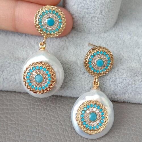 YYGEM Cute Style Cultured White Coin freshwater Pearl Blue Cubic Zirconia mirco pave gold color Stud Earrings