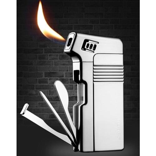Multifunctional Butane Gas Inflatable Lighter Creative Oblique Fire With Smoke Knife Press Rod Through Needle Pipe Lighter