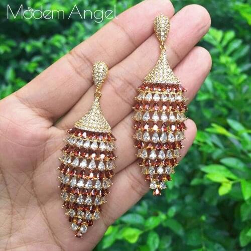 ModemAngel High Quality Baguette Shape Red Cubic Zirconia Women Long Drop Wedding Prom Earring Jewelry for Women 29.56