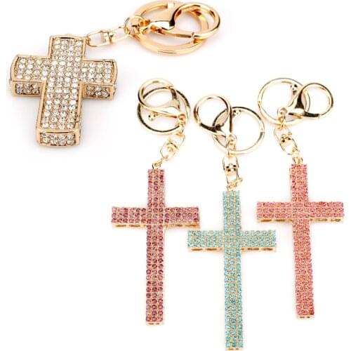 Fashion Crystal Cross Keychain Religious Christian Jesus Rhinestones Cross KeyChain Women Prayer God Bless Gift Souvenir Keyring