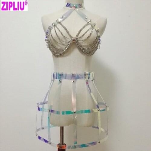 Fashion Sexy Harajuku Handmade Laser holographic Choker harness punk top buttom belt Chain Bra Spikes Dress torques club party