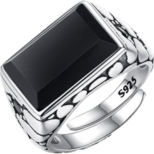 2020 new real s925 pure silver and black gemstone ring men new personality domineering single index finger ring fashion men ring