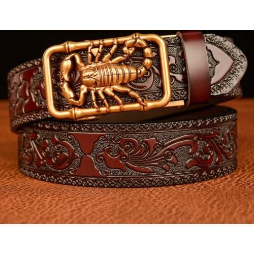 Embossing Retro Cowhide Leather Dress Belts for Men Business Genuine Leather Man Belt with Scorpion Pattern Automatic Buckle
