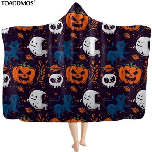 TOADDMOS Halloween Cartoon Cat Pumpkin Pattern Soft Warm Wearable Hooded Fleece Blanket for Kid Adult Sofa Throw Blanket manta