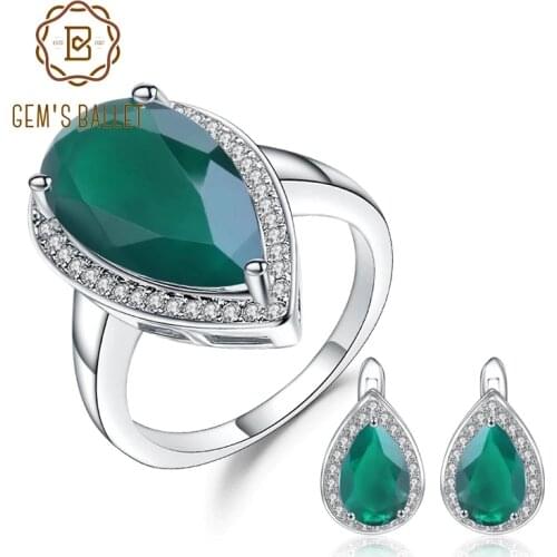 GEMS BALLET Natural Green Agate Earrings Ring Set Real 925 Sterling Silver Water Drop Vintage Gemstone Jewelry Set For Women