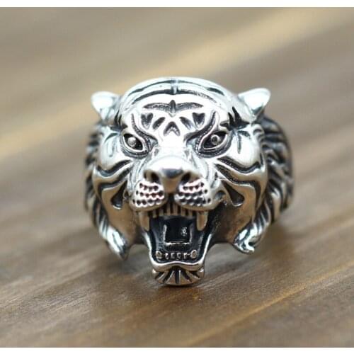 Real 925 Sterling Silver Personality Carving, Lone And Brave Hunter Tiger Aggressive Vintage Ring Ring Exquisite Party Jewelry