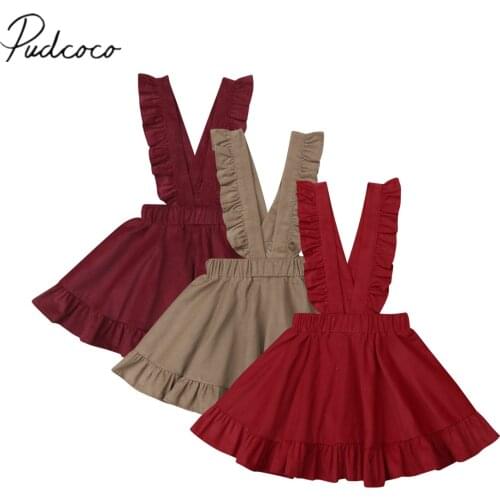 2019 Brand New 2-5Y Toddler Kid Baby Girl Overalls Dress Ruffles Sleeveless Solid Button A-Line Bib Strap Backless Dress Outfits