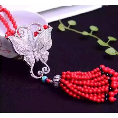 Women 925 Silver 6mm red Coral Butterfly Natural Zircon Fringed Long Necklace Pearl Pendant luxury sweater chain 32inch