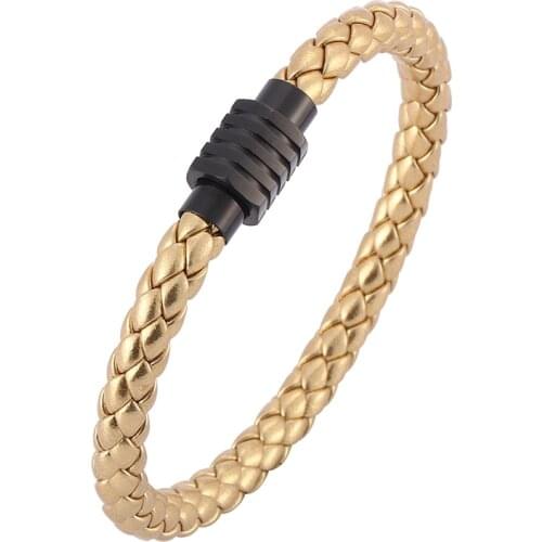 Simple Fashion Men Women Jewelry Golden Leather Bracelet Black Color Stainless Steel Magnet Buckle Leather Bangles Gifts SP0522