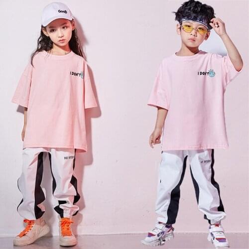 Hip Hop Dance Costumes Kids Pink Short Sleeve Tops Trousers Jazz Stage Dancing Wear Set Girls Streetwear Show Clothing DNV11470