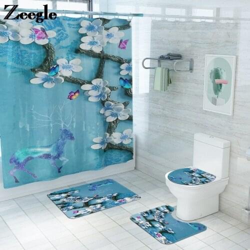 Traditional Floral Bath Mat and Shower Curtain Set Micorfiber Soft Absorbent Bathroom Toilet Carpet Rugs with Bath Curtain Hooks
