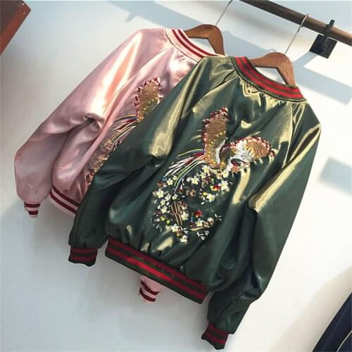 Reversible Phoenix Embroidery Baseball Uniform Coat Womens Spring and Autumn Bomber Jacket Long Sleeve Coat Streetwear Outwear