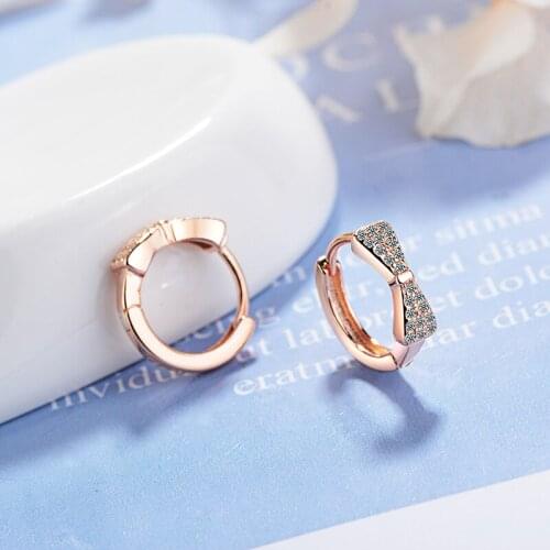 Womens Fashion Romantic Bowknot Hoop Earrings Charming Rose Gold Crystal Stud Huggies Cute Earring Piercing Jewelry Gifts