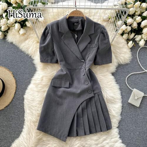2021 summer new women Notched puff sleeve sinlge breasted pleating A-line dress female Chic elegant waist irregular OL dresses