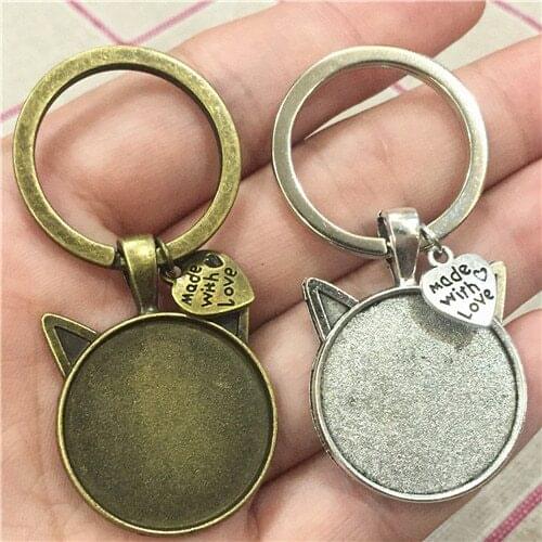 2Pcs Silver Cat charm Blank Base Fit 25mm Cabochon family love Made Gift Keychains Car Key Rings Diy jewelry make