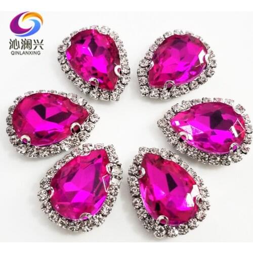 Free shipping Top grade Silver bottom Glass Crystal buckle,Rose red Drop shape sew on rhinestones,Diy/wedding decoration SWSKY10