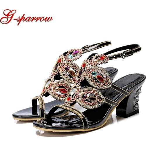 Block Heel Women Summer Sandals Rhinestone Wedding Shoes Buckle Straps Chunky Heel Girl High Heels 2 Gold Black Color