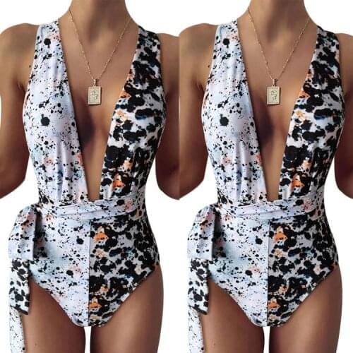 One Piece Leopard Swimsuit Womens Sexy Sleeveless Bikini Stitching Bandage Slim Fit Beach Bathing Suit