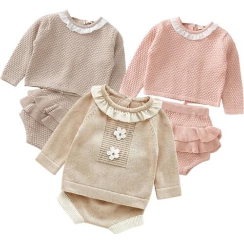Children Baby Clohting Knit Set 2020 New Spring Autumn Flowers Fashion Baby Girls Clothes Long Sleeve Knit Sweater+Shorts Sets