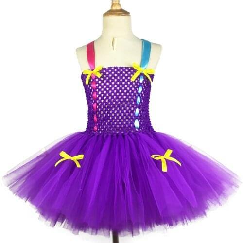 Baby Girls Purple Ribbons LOL Tutu Dress Kids Crochet Straps Dress with Yellow Bows Children Birthday Party Costume Dresses