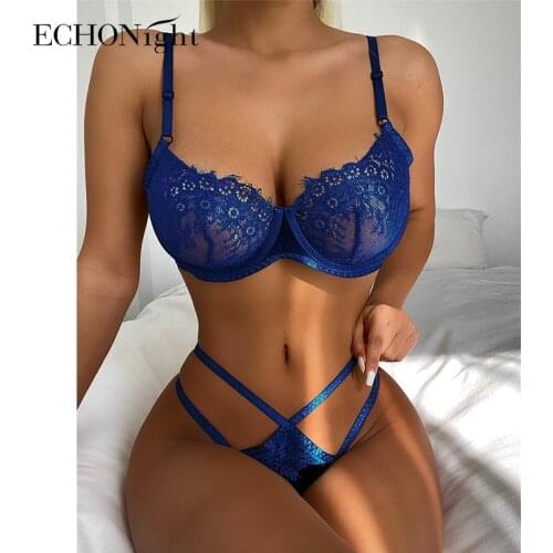 Echonight Lace Lingerie Push up Underwire Bra Brief Sets Transparent 2 Piece Low Waist Thongs Sensual Exotic Underwear Wholesale