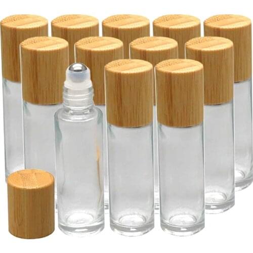 12Pcs 10ml Glass Roll On Bottle with Bamboo Lid for Essential Oil Clear Perfume Sample Bottles with Stainless Steel Roller Ball