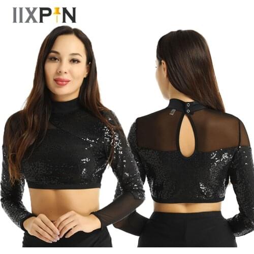 Sequins Crop tops ballet Leotard Women Shiny Sequins Mock Neck Long Sleeves Keyhole Back Unique Mesh Spliced Crop Top Dancewear