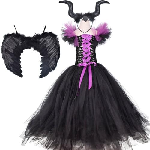 Girls Black Tutu Dress Maleficent Evil Queen Costume Horns Headband Halloween Cosplay Witch Dress Kids Party Dresses 0-12Y
