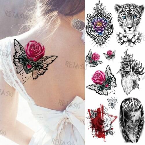 Lace Butterfly Rose Flower Temporary Tattoos For Women Men Leopard Reindeer Henna Clown Fake Tatoos Waterproof Tattoo Stickers