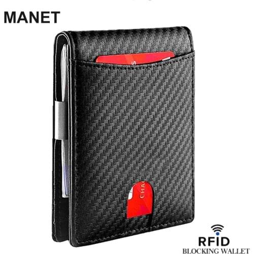 MANET Slim RFID Wallet for Men Carbon Fiber Anti-scratch Credit Card Holder Small Bifold Front Pocket Metal Clamp Money Clips