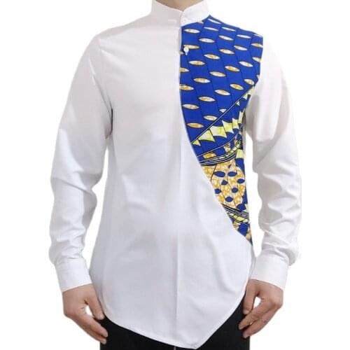 Dashiki Fashion Men Shirts Patchwork Modern Design Long Sleeve Tops White Stand Collar African Banquet Clothes Customized