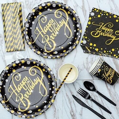 Black Gold Disposable Tableware Set 16 Guest for 21st 30th 40th 50th Birthday Anniversary Party Supplies Paper Cup Napkin Banner