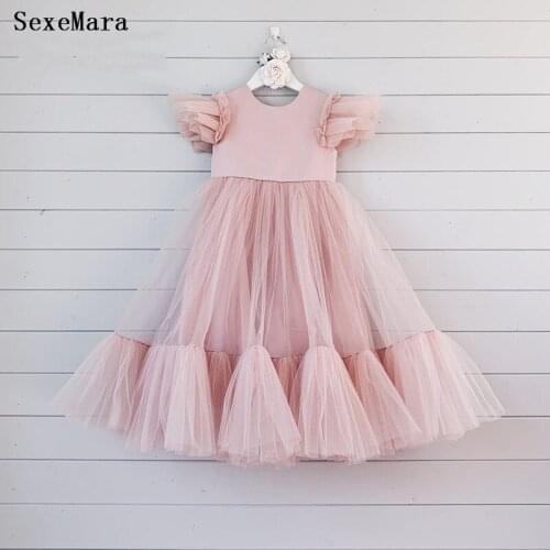 Puffy Layer Flower Girl Dresses Illusion Sleeves First Communion Dresses Tulle Ruffles Ball Gown Birthday Dress for Girls