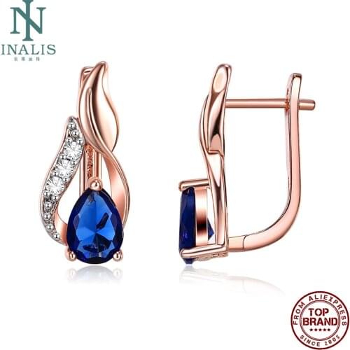 INALIS Popular Earrings For Women Water Drop Stud Earring Royal Blue Zirconia Gold Color Valentines Day Jewelry Fashion Gift