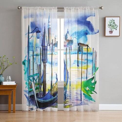 Building House Boat Watercolor Sheer Curtains for Windows Tulle Curtains for Living Room Bedroom Children Room Decor