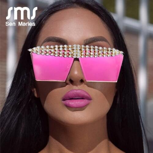 Luxury Square Diamond Sunglasses Women Men 2020 Flat Top Crystal Punk Sun Glasses Mirror Rhinestones Red Purple Eyewear UV400