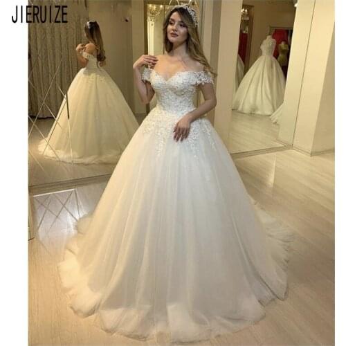 JIERUIZE Off The Shoulder Wedding Dresses V Neck A-Line Lace Up Back Wedding Gowns Appliques Bridal Dresses vestido de noiva