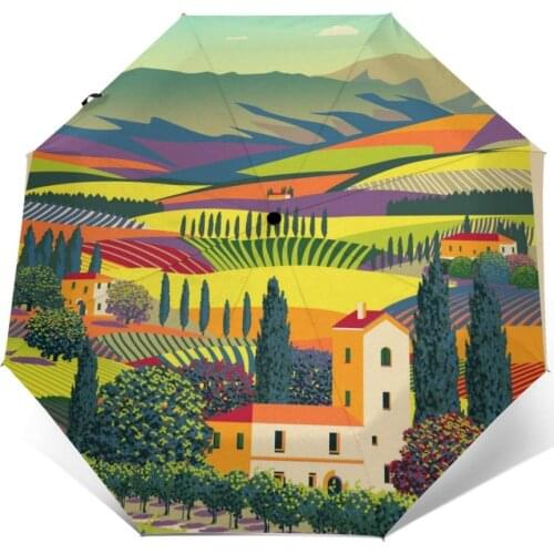Wind Resistant Fully-Automatic Umbrella Italy Rural Landscape In Sunny Day Rain 3 Folding Parasol Travel Car Umbrella