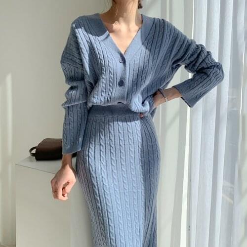 Women Elegant Sweater Two Piece Sets New Spring Autumn V Neck Single-breasted Cardigan and Wrap Skirt Outfits Woman 2 Pcs Set