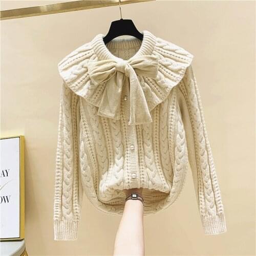 2020 New Autumn Winter Lapel Knit Cardigan Sweaters Women Sweet Bow Sweater Coat Ladies Apricot Knitted Cardigans Jacket Tops