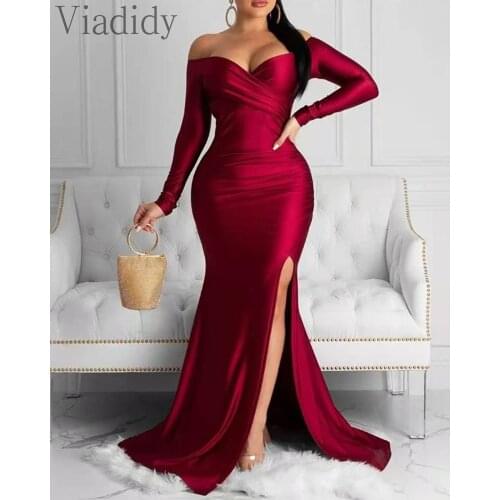 Womens Elegant Solid Color Off Shoulder Ruched Slit Evening Dress