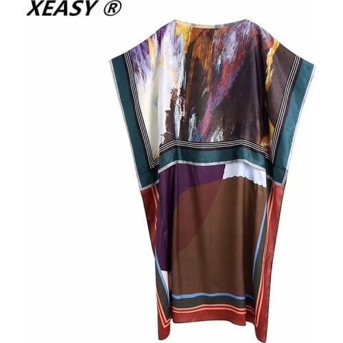 XEASY 2021 Women Fashion Patchwork Printed Cozy Dress Vintage Short Sleeve Slit Hem Female Temperament Midi Dresses Vestidos