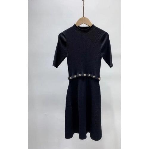 Womens O-Neck Knitted Mini Dress Black Metal Button Decoration Short-Sleeved Ladies Slim Female Robe 2021 Autumn Winter