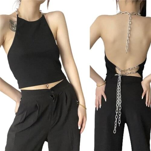 2021 Fashion Trend Womens Tank Tops Bandage Vest Neck Hanging Thin Summer Slimming Cropped Camisole Sun-Tops with Metal Chain