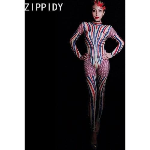 Shining Blue Red Rhinestones Mesh Jumpsuit Women Bar Dance Clothes Nightclub Dance Female Singer Show Bright Bodysuit