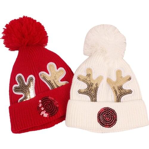 Kids Baby Girl Boy Woolen Hat Sequins Antler Patterns Knitted Hat Santa Christmas Beanie Autumn Winter, Black/Red/Milky White