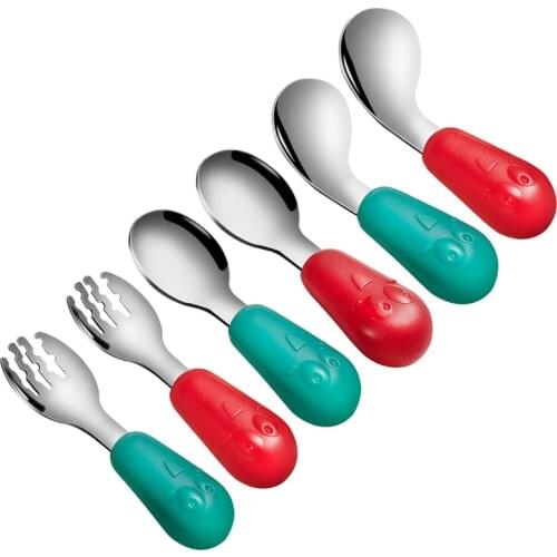 Baby Training Spoon Stainless Steel Solid Feeding Ustensiles Set Infant Fork Children Tableware Gadgets Toddler Dinnerware Cute
