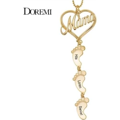 DOREMI Baby Feet Name Necklace Drop Pendant LOVE MOM Necklace Pendant Custom Birthdate Personalized Inlay CZ Heart Necklaces